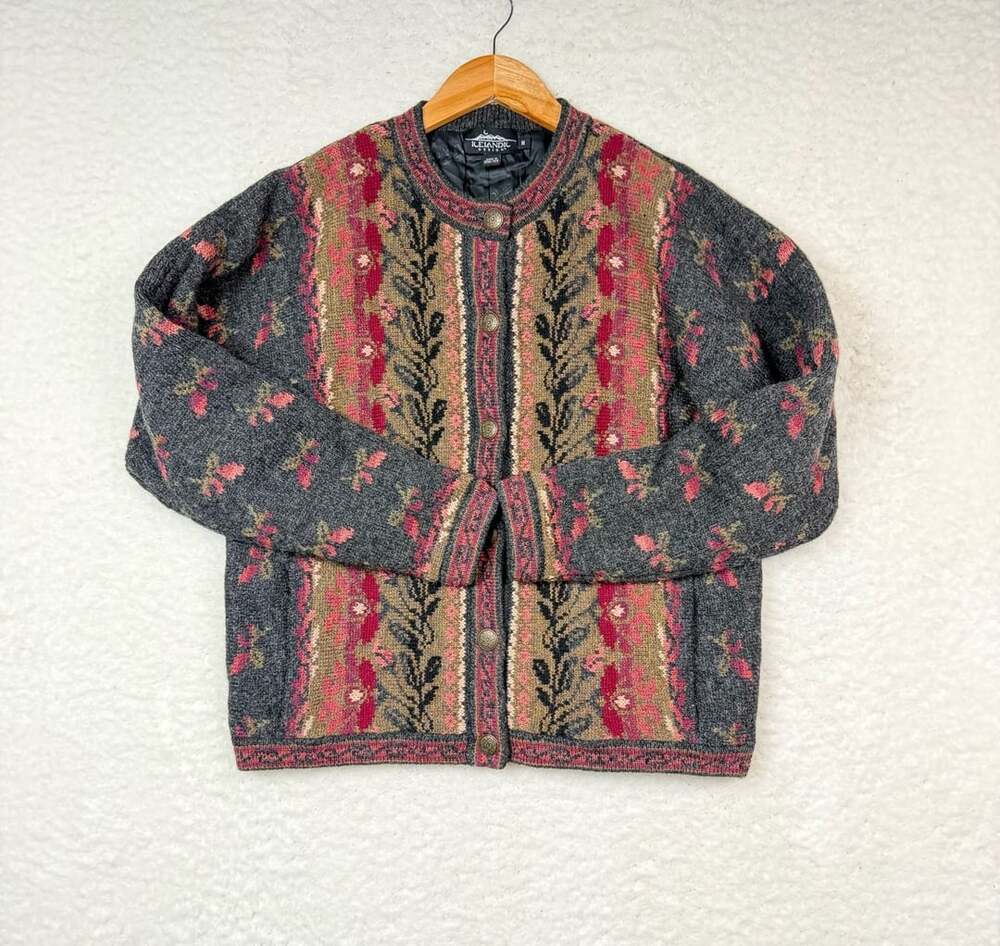 Icelandic Design Vintage Floral Knit Cardigan Sweater Size M